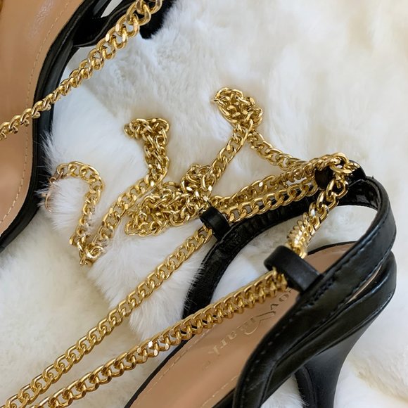 NEW🔥 Black Gold Chain Anklet Open Toe Sandals Stiletto High Heel Wrap Lace-Up - Picture 5 of 6